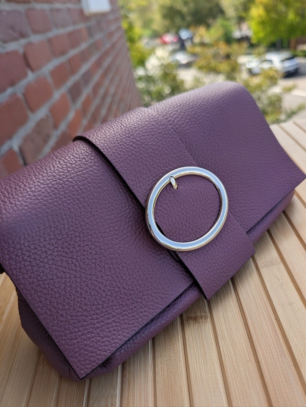 TJ Collection Made in Italy Purple Pebbled Leather Crossbody Clutch Bag